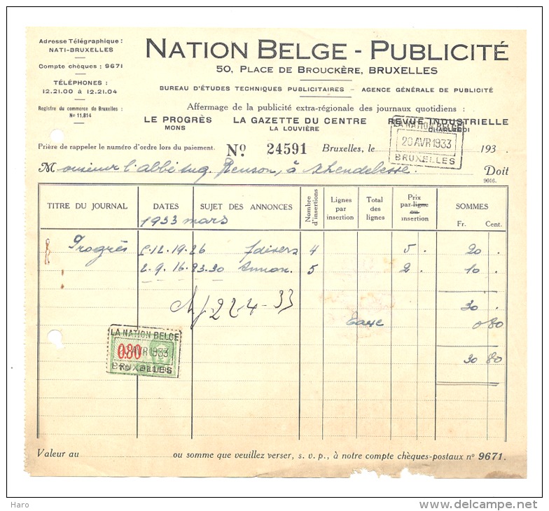 Facture - Nation Belge - Publicité  - Bruxelles 1933 - Journal - Presse (xh) - 1900 – 1949