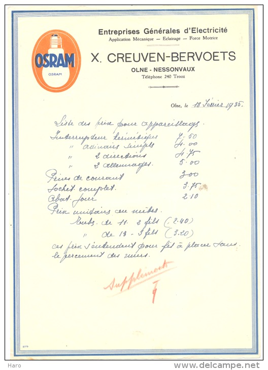 Lettre à Entête - Entreprises Générales D'Electricité X. CREUVEN-BERVOETS - OLNE - NESSONVAUX 1935 (xh) - 1900 – 1949