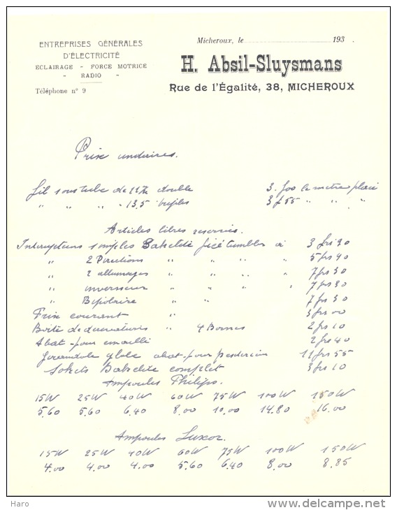 Lettre à Entête - Entreprises Générales D´Electricité  - H. ABSIL-SLUYSMANS - MICHEROUX 1935 (xh) - 1900 – 1949