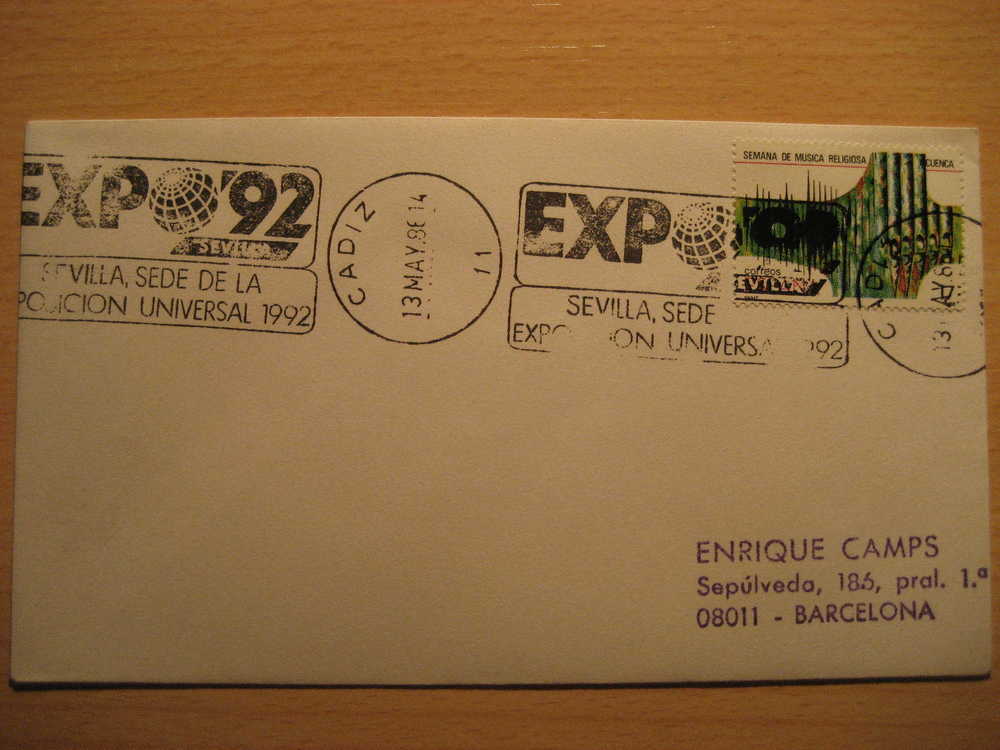 CADIZ 1986 Expo 92 Sevilla Sede America Discouver Colon Columbus Rodillo Matasellos Especial Sobre Cover Lettre - Storia Postale