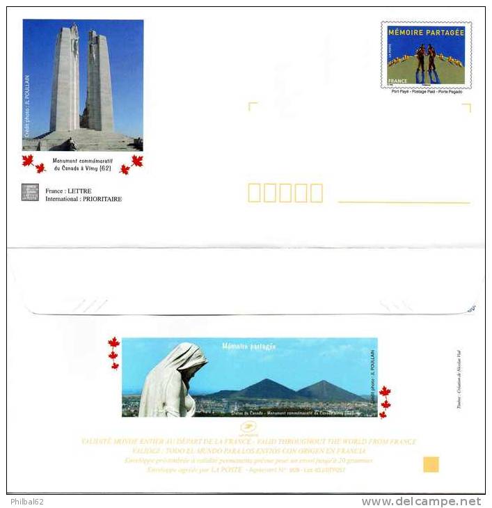 PAP "Mémoire Partagée" Lot De 5 PAP Illustrés émis à L´occasion Du 90ème Anniversaire De La Bataille De La Crête De Vimy - Listos A Ser Enviados: Otros (1995-...)