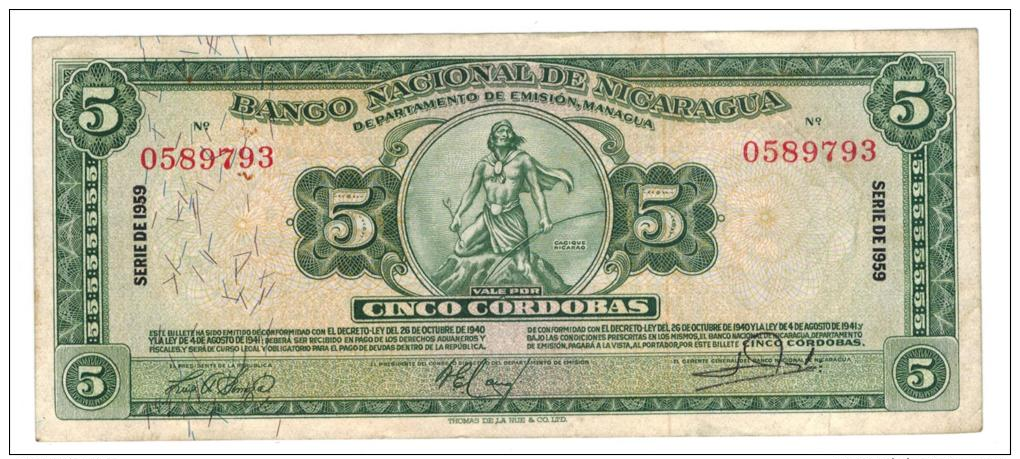 Nicaragua , 5 Cord. 1959,  VF+. Rare! - Nicaragua