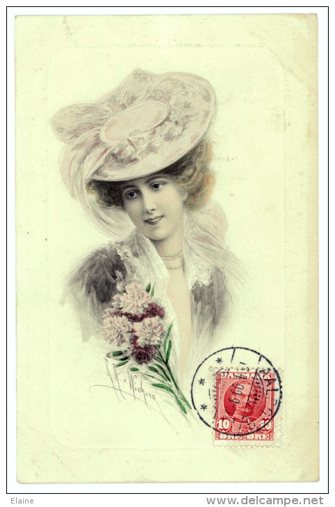 Art - Lady Wearing Hat, Flowers  M. Monk Signed Wichera - Wichera