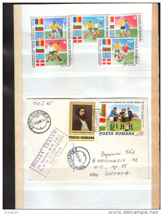 Romania-17 Stamps Stamped With Football,FIFA World Cup 1986 Mexico And 1990 Italy + 2 Postcards And 1 Envelope -4/scan - 1990 – Italien