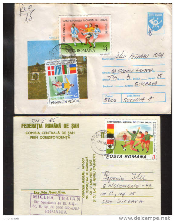 Romania-17 Stamps Stamped With Football,FIFA World Cup 1986 Mexico And 1990 Italy + 2 Postcards And 1 Envelope -4/scan - 1990 – Italien