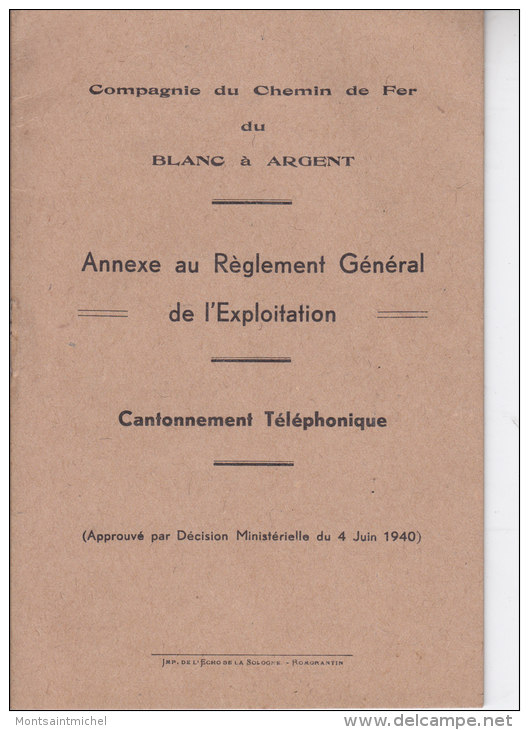 Compagnie Du Chemin De Fer Du Blanc Argent. Cantonnement Téléphonique. Annexe Au Réglement Général. - Autres & Non Classés