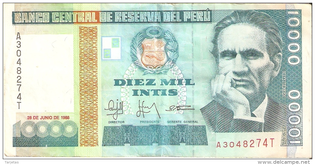 BILLETE DE PERU DE 10000 INTIS DEL AÑO 1988 (BANKNOTE) - Perú