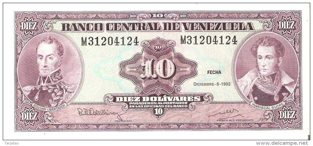 BILLETE DE VENEZUELA DE 10 BOLIVARES DEL AÑO 1992 CALIDAD EBC+  (BANKNOTE) - Venezuela