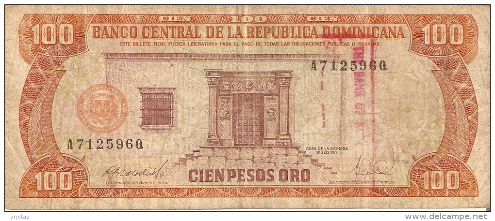 BILLETE DE REP. DOMINICANA DE 100 PESOS ORO DEL AÑO 1988 CON RESELLO DEL BANCO (BANKNOTE) - República Dominicana