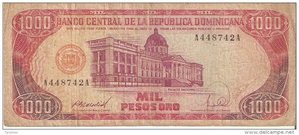 BILLETE DE REP. DOMINICANA DE 1000 PESOS ORO DEL AÑO 1988 SERIE A (BANKNOTE) - República Dominicana