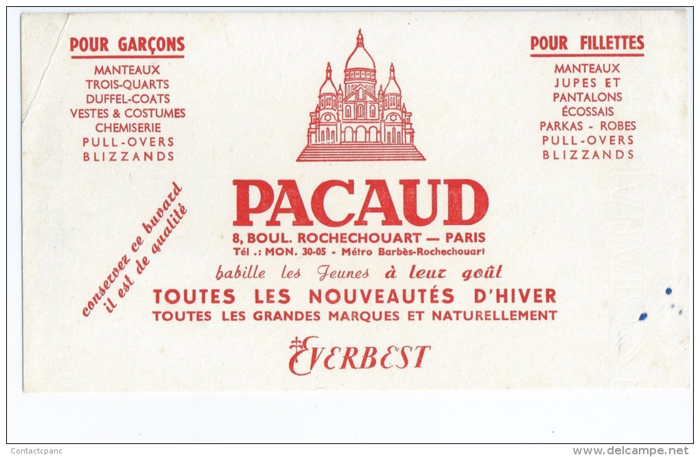 Vêtements        "  PACAUD  "    Bd  Rochechouart   -   Paris      -   Ft  =  12 Cm  X  21. Cm - Textile & Clothing