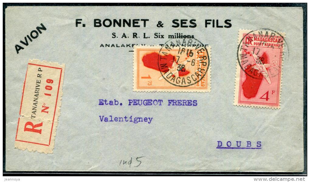 MADAGASCAR - PA 4 + 6 / LR AVION DE TANANARIVE LE 17/6/1938, POUR VALENTIGNEY - TB - Cartas & Documentos