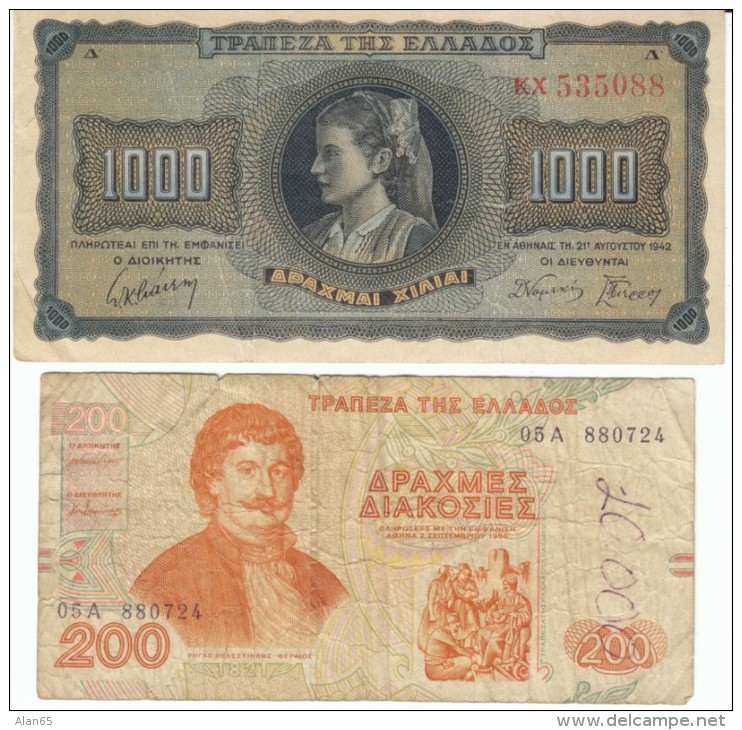 Lot Of 2, Greece #118 1,000 Drachmai 1942 &amp; #204 200 Drachmas 1996 Banknotes Currency - Grèce