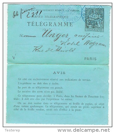 TELEGRAMME  21 MAI 1897 Pl De L OPERA  50  Ct Type Chaplain - Rohrpost