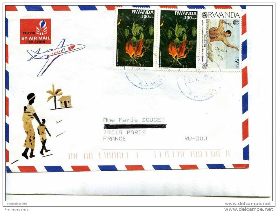 Enveloppe Avec 3 Timbres Et Collage Lamelles Bois - Artisanat Du Rwanda - Avion FALCON - 2 Scans - Used Stamps