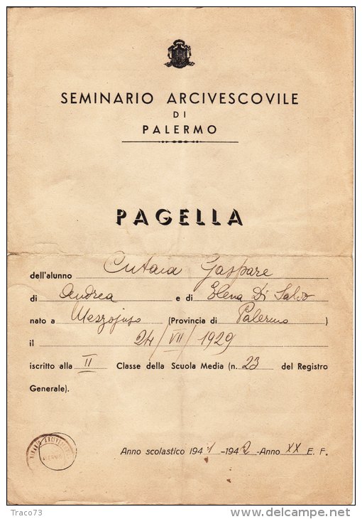 SEMINARIO ARCIVESCOVILE DI PALERMO  /   Pagella Scolastica  Anno Scolastico 1941 -1942  _ A. XX - Diplomas Y Calificaciones Escolares