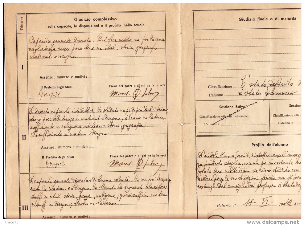 SEMINARIO ARCIVESCOVILE DI PALERMO  /   Pagella Scolastica  Anno Scolastico 1941 -1942  _ A. XX - Diplomas Y Calificaciones Escolares