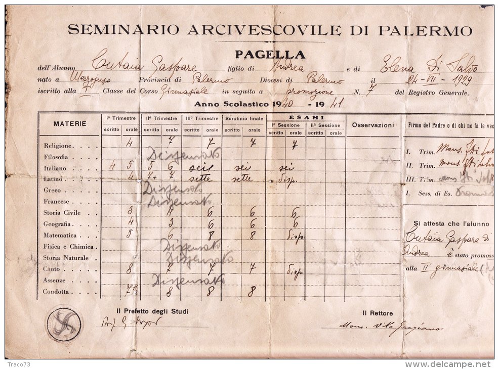 SEMINARIO ARCIVESCOVILE DI PALERMO  /   Pagella Scolastica  Anno Scolastico 1940 -1941  _ A. XIX - Diplomas Y Calificaciones Escolares
