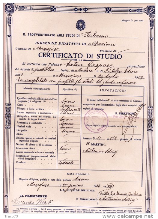 REGIO PROVVEDITORATO AGLI STUDI DI PALERMO  /   Certificato Di Studio  Anno 1938 _  A . XVI - Diplomas Y Calificaciones Escolares