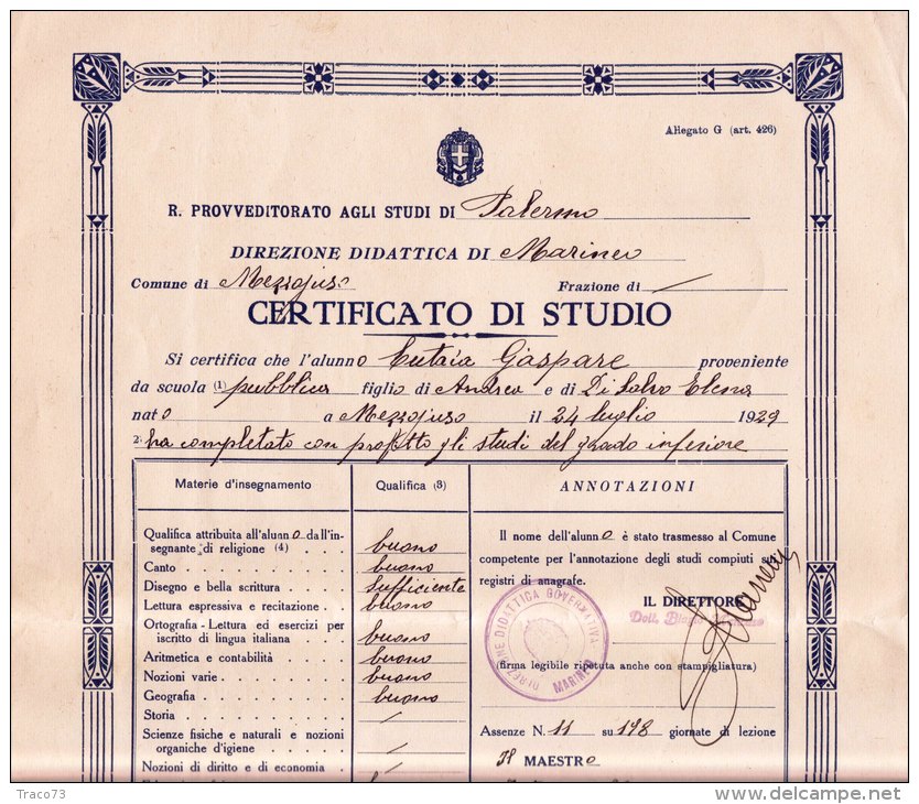 REGIO PROVVEDITORATO AGLI STUDI DI PALERMO  /   Certificato Di Studio  Anno 1938 _  A . XVI - Diplomi E Pagelle