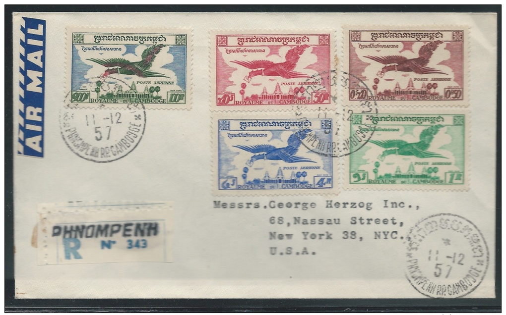 Cambodia 1957,  Scott #C10-C14 On Registered Airmail First Day Cover Sent From Phnom Penh To New York - Cambodia