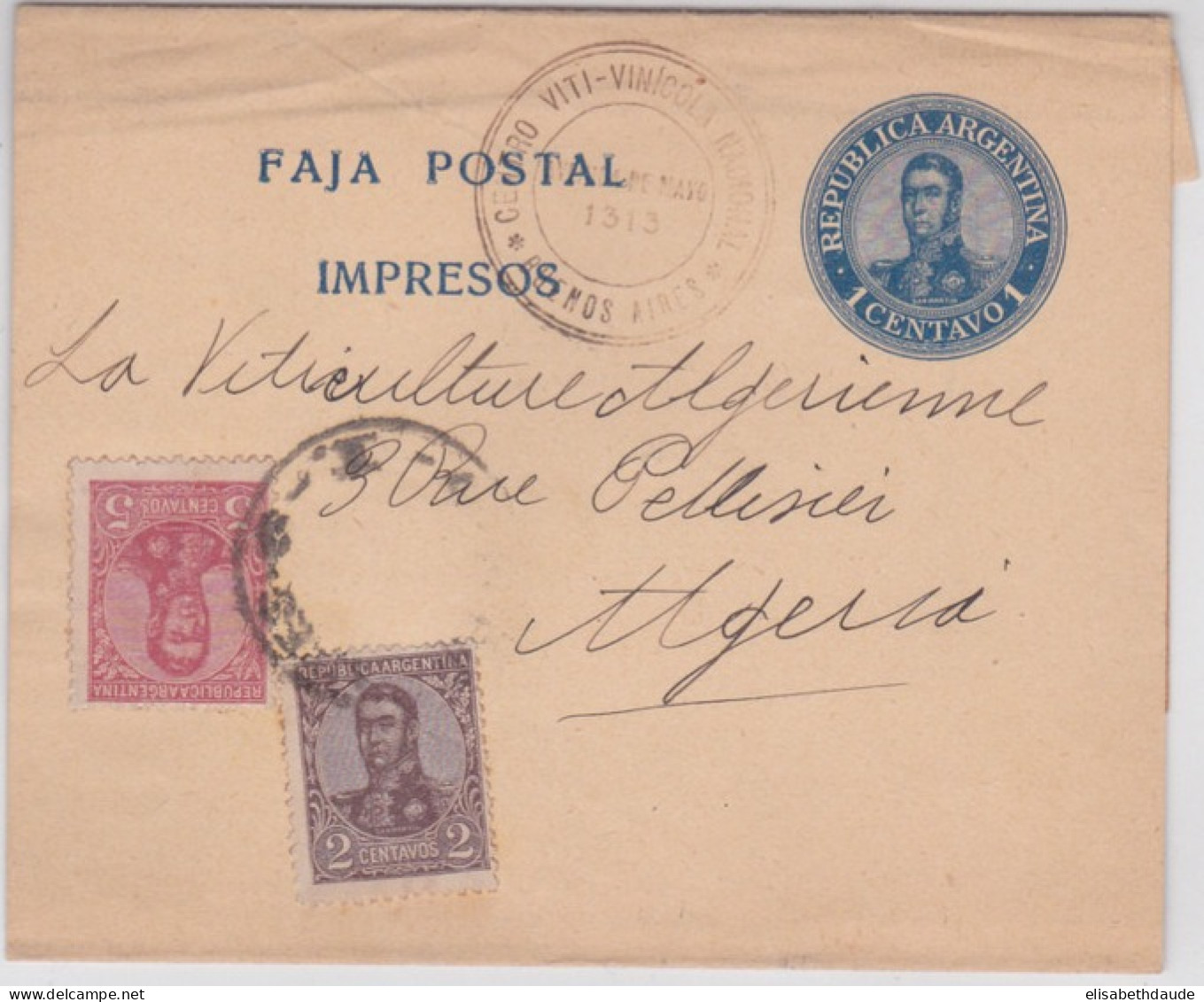 ARGENTINA - BANDE JOURNAL ENTIER Avec RARE CACHET Du CENTRE VITICOLE NATIONAL De BUENOS AIRES Pour L'ALGERIE - - Postal Stationery