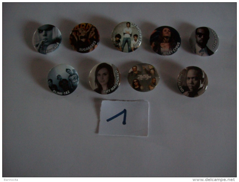 PIN´S -  Lot De 9 Badges - Amy Macdonald - Blink 182 - Miley Cyrus - Timbaland  - Lady Gaga- Sugababes  ( 1 ) Voir Photo - Muziek