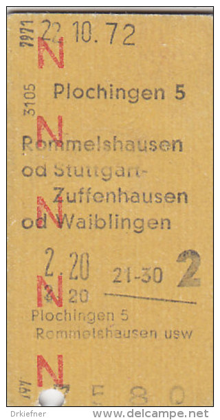 Rotes N, Plochingen - Rommelshausen, Stuttgart-Zuffenhausen Od Waiblingen Am 22.10.72 - 2,20 DM,  Fahrkarte - Europa