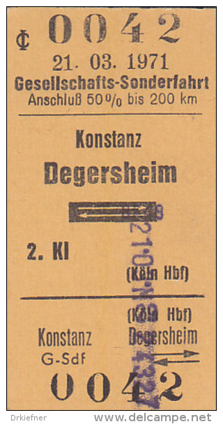 Gesellschafts-Sonderzug Konstanz - (Köln Hbf) Degersheim - Konstanz Am 21.3.1971,  Fahrkarte - Europa