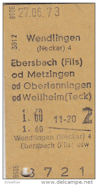 Wendlingen - Ebersbach, Metzingen, Oberlenningen Od Weilheim Am 27.6.1973, 1,60 DM, Fahrkarte - Europa