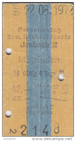 Jenbach Nach Mayrhofen, Am 22.8.1972, 42,00 ÖS, Ermäßigte Rück-Fahrkarte Personenzug - Europa