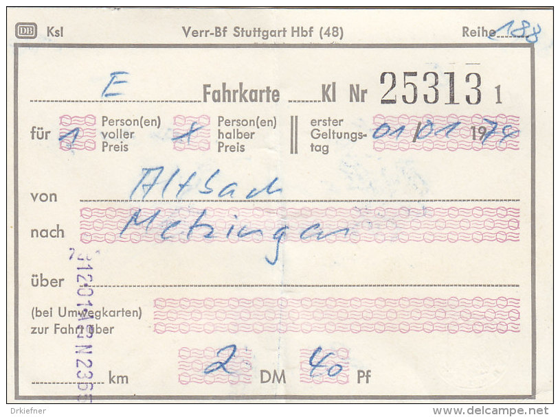 Altbach - Metzingen, Am 1.1.1974, 1 Person, 2,40 DM, Fahrkarte Von Hand Ausgestellt - Europe