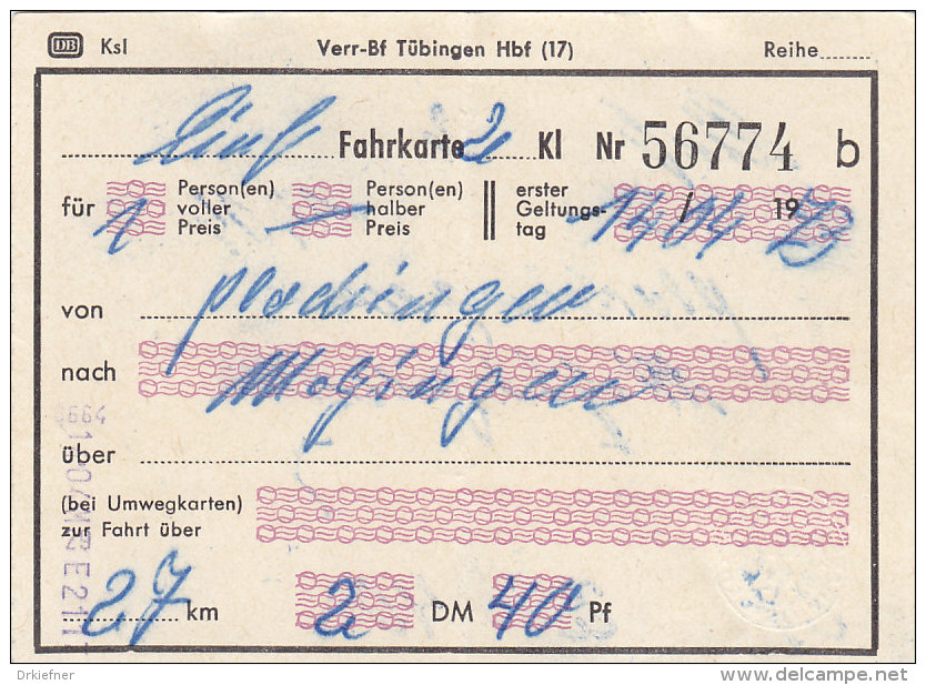 Plochingen - Metzingen, Am 14.4.1973, 1 Person, 27 Km, 2,40 DM, Fahrkarte Von Hand Ausgestellt - Europe