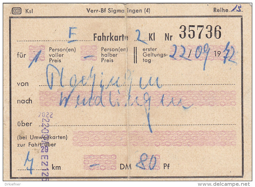 Plochingen - Wendlingen, Am 22.9.1972, 1 Person, 7 Km, 0,80 DM, Fahrkarte Von Hand Ausgestellt - Europe