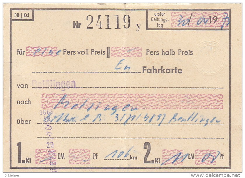 Deißlingen - Metzingen über Rottweil Reutlingen, Am 30.4.1973, 1 Person, 106 Km 11,00 DM, Fahrkarte Von Hand Ausgestellt - Europe