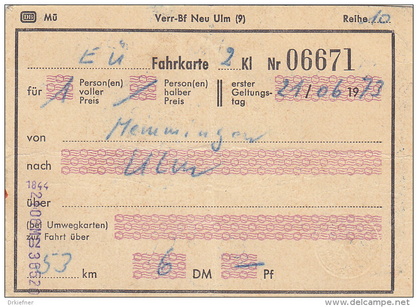 Memmingen Nach Ulm, Am 21.6.1973, 1 Person, 53 Km, 6,00 DM, Fahrkarte Von Hand Ausgestellt - Europe