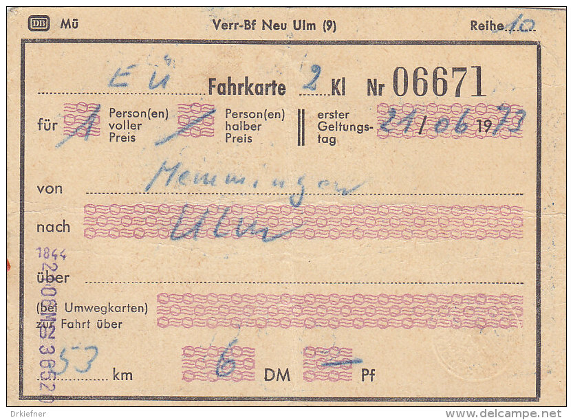 Memmingen Nach Ulm, Am 21.6.1973, 1 Person, 53 Km, 6,00 DM, Fahrkarte Von Hand Ausgestellt - Europa