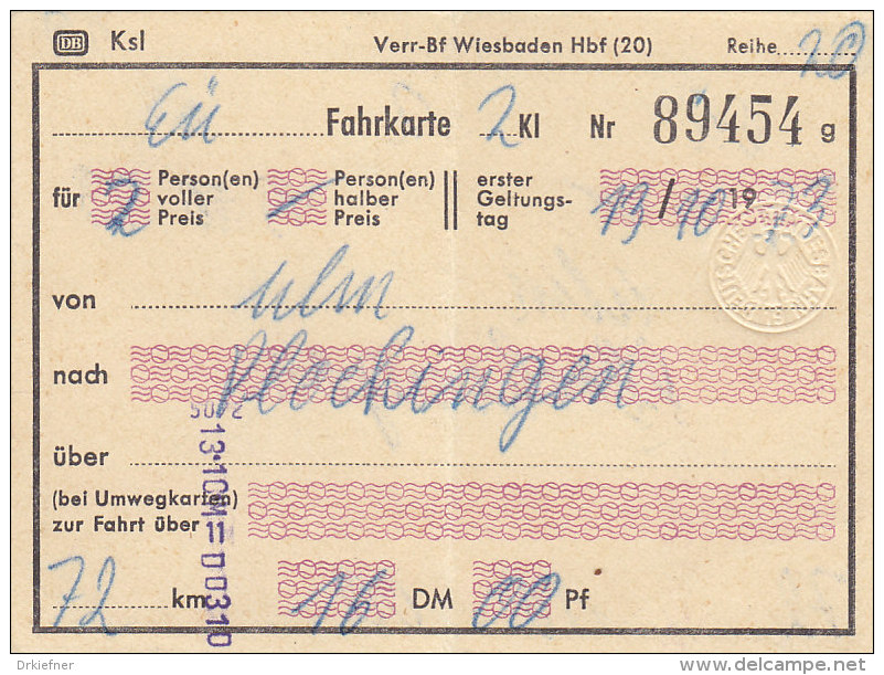Ulm Nach Plochingen, Am 13.10.1973, 2 Personen, 72 Km, 16,00 DM, Fahrkarte Von Hand Ausgestellt - Europe