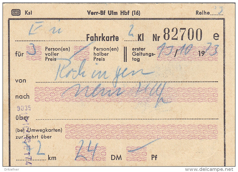 Plochingen Nach Ulm, Am 13.10.1973, 3 Personen, 72 Km, 24,00 DM, Fahrkarte Von Hand Ausgestellt - Europe