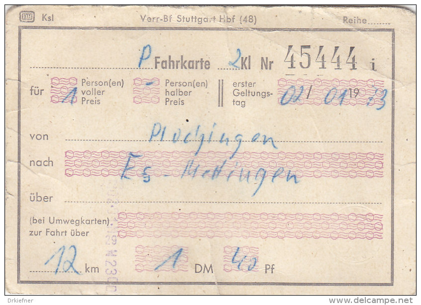 Plochingen Nach Esslingen-Mettingen, Am 2.1..1973, 1 Person, 12 Km, 1,40 DM, Fahrkarte Von Hand Ausgestellt - Europa