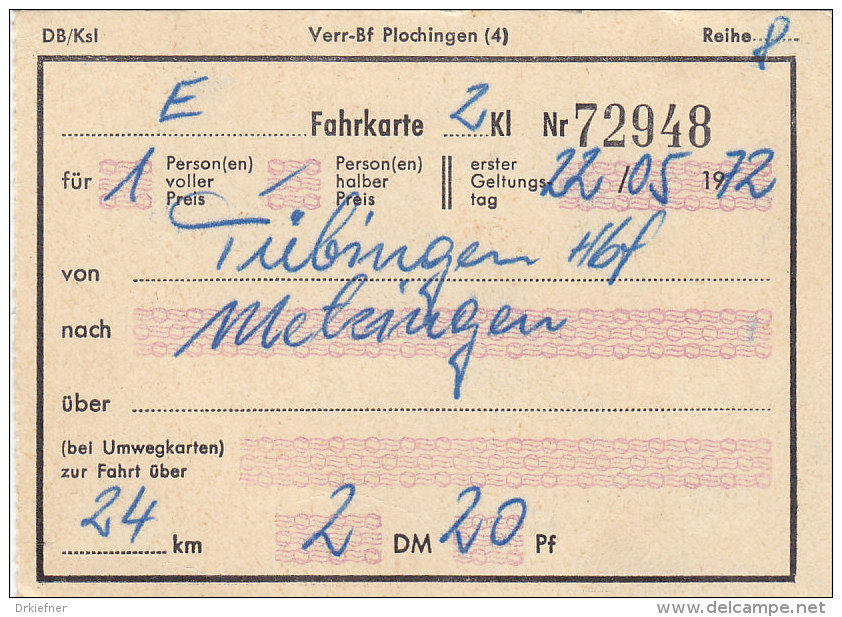 Tübingen Hbf - Metzingen, Am 22.5.1972, 1 Person, 24 Km, 2,20 DM, Fahrkarte Von Hand Ausgestellt - Europe