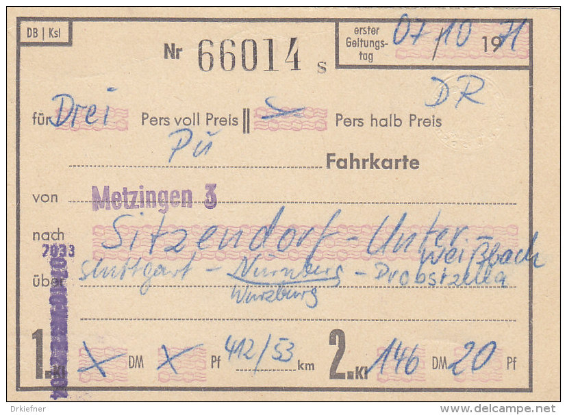 Metzingen Nach Sitzendorf-Unterweißbach , Am 7.10.1971, 3 Personen, 412-453 Km, 146,20 DM, Fahrkarte Von Hand Ausgestell - Europa