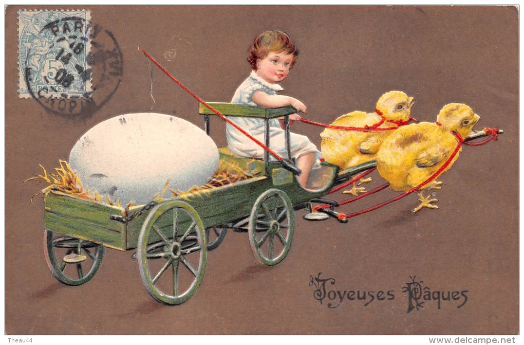 ¤¤  -  Carte Gauffrée  -  JOYEUSES PAQUES  -  Attelage De Poussins , Oeufs , Petit Garçon  -  ¤¤ - Pâques