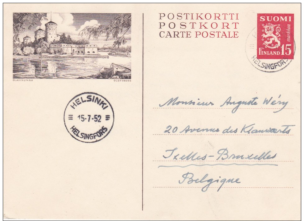 Finland; Postal Card 1952 To Belgium - Postal Stationery