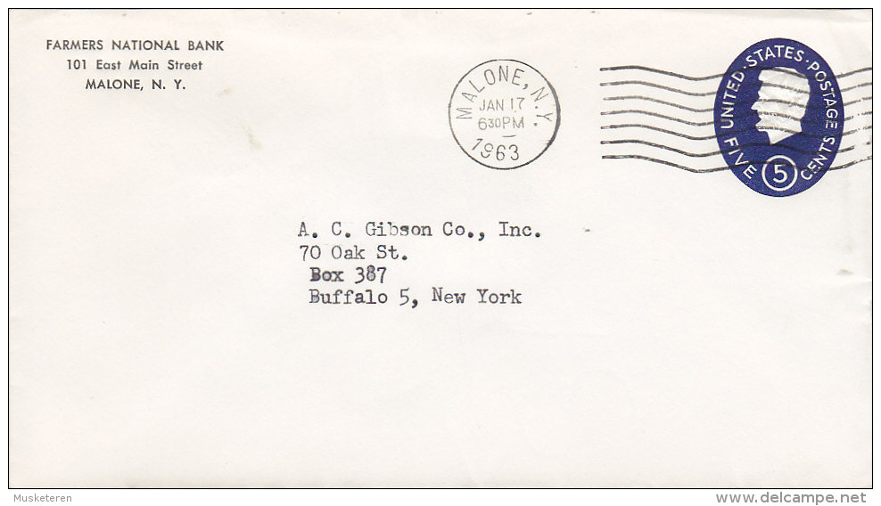 United States Postal Stationery Ganzsache Entier 5 C Lincoln Private Print FARMERS NATIONAL BANK, MALONE 1963 Cover - 1961-80