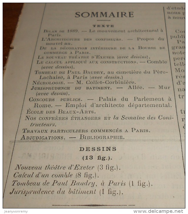 La Semaine Des Constructeurs. N°29. 11 Janvier 1890.Le Tombeau De P. Baudry Au Père-Lachaise. Théâtre D´Exeter En Anglet - Revistas - Antes 1900