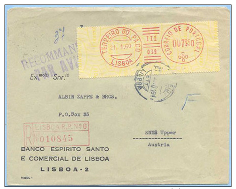 PORTOGALLO PORTUGAL 1960 AFFR. MECCANICA 7,50 BUSTA RACCOMANDATA AEREA 21.1.60 DA TERREIRO DO PACO AD ENNS (AUSTRIA) - Storia Postale