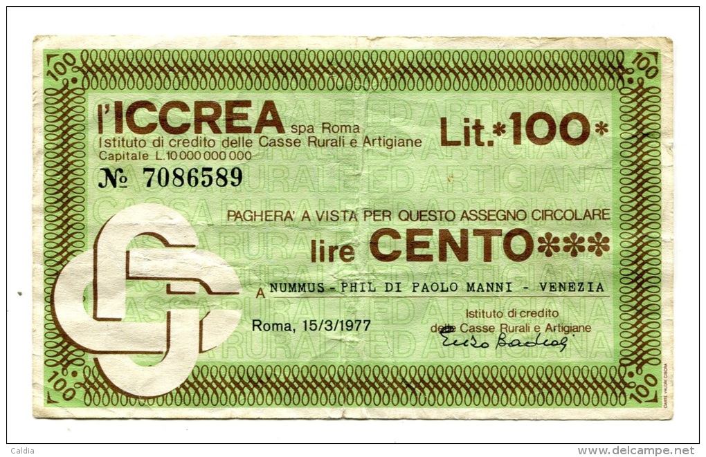 Italie Italy Cheque 100 Lire 1977 - [10] Checks And Mini-checks
