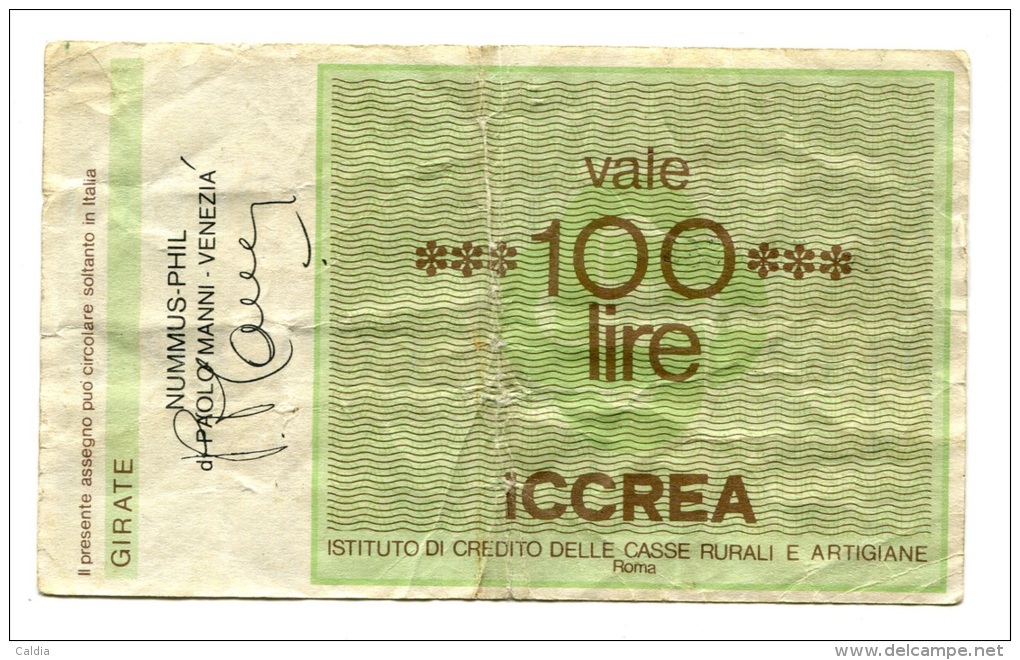 Italie Italy Cheque 100 Lire 1977 - [10] Cheques Y Mini-cheques