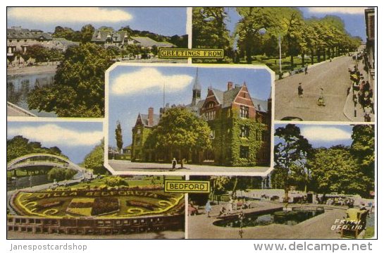 GREETINGS FROM BEDFORD - COLOURED MULTI-VIEW POSTCARD WITH FLORAL CLOCK - Bedford